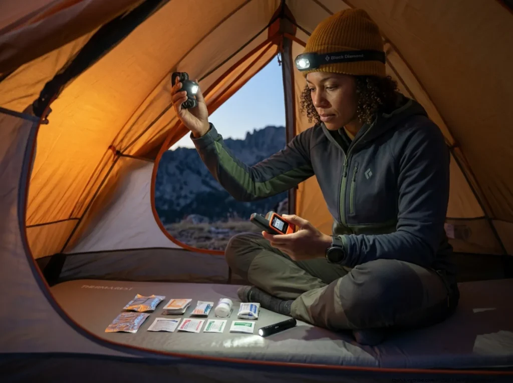 Hiker auditing Garmin inReach and first aid kit expiry dates inside tent at dusk during backcountry gear check