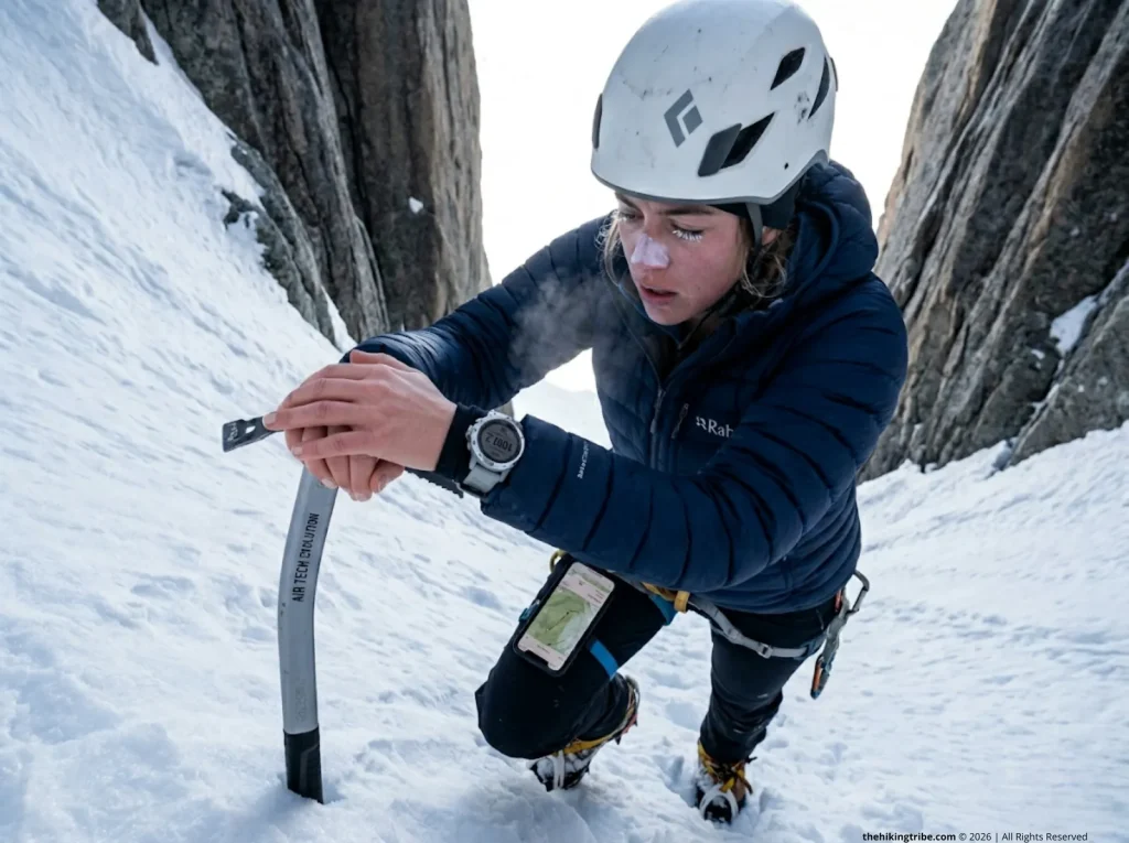 Exhausted mountaineer checking phone elevation data while choosing between map apps for offline hiking.