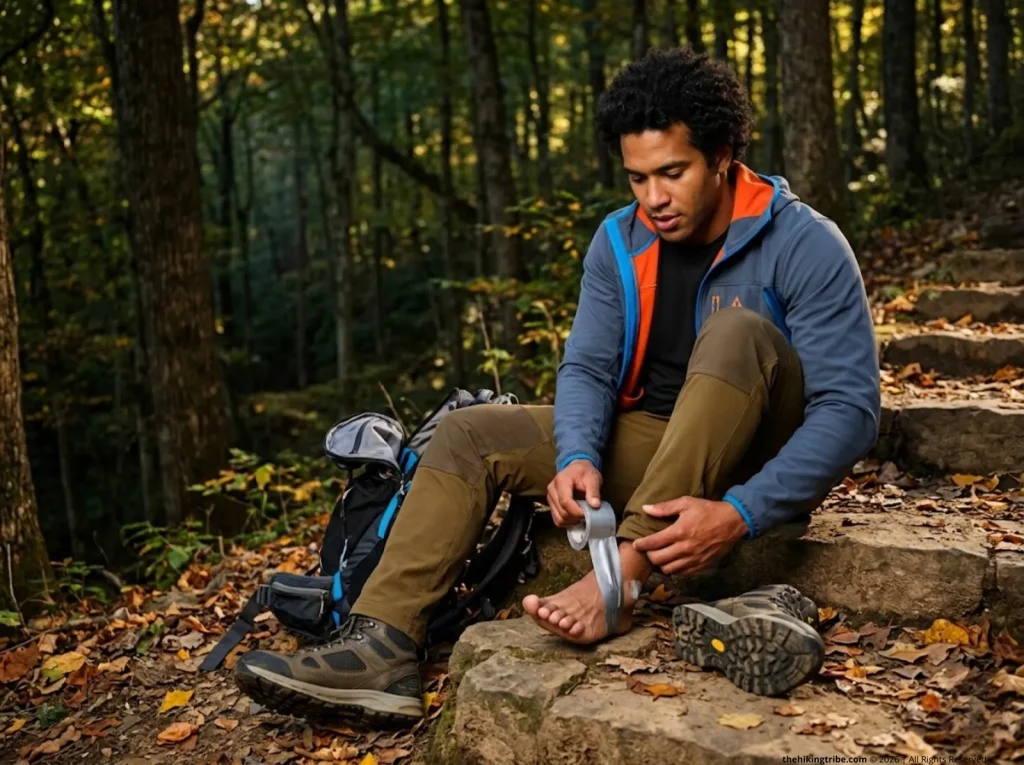 Hiker improvising emergency blister fix with duct tape on remote forest trail, field repair technique