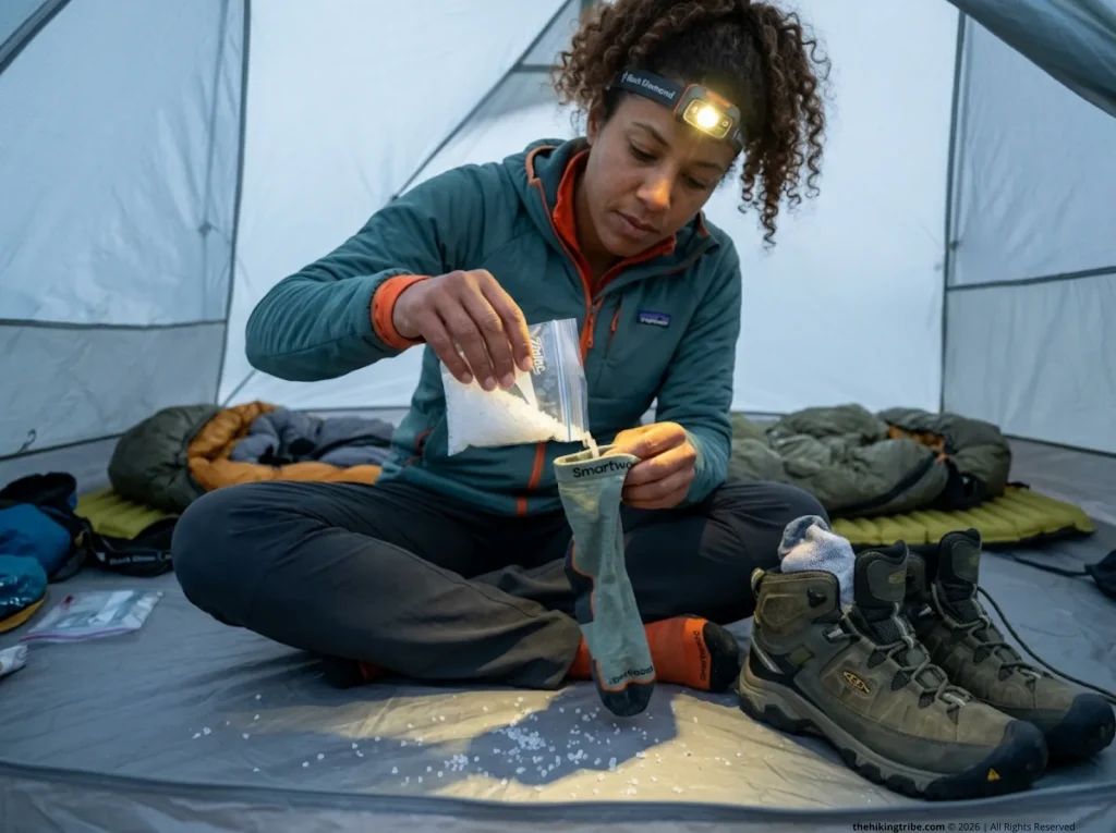 Hiker stuffing silica crystal sock into Keen Targhee boot as emergency desiccant in backcountry camp