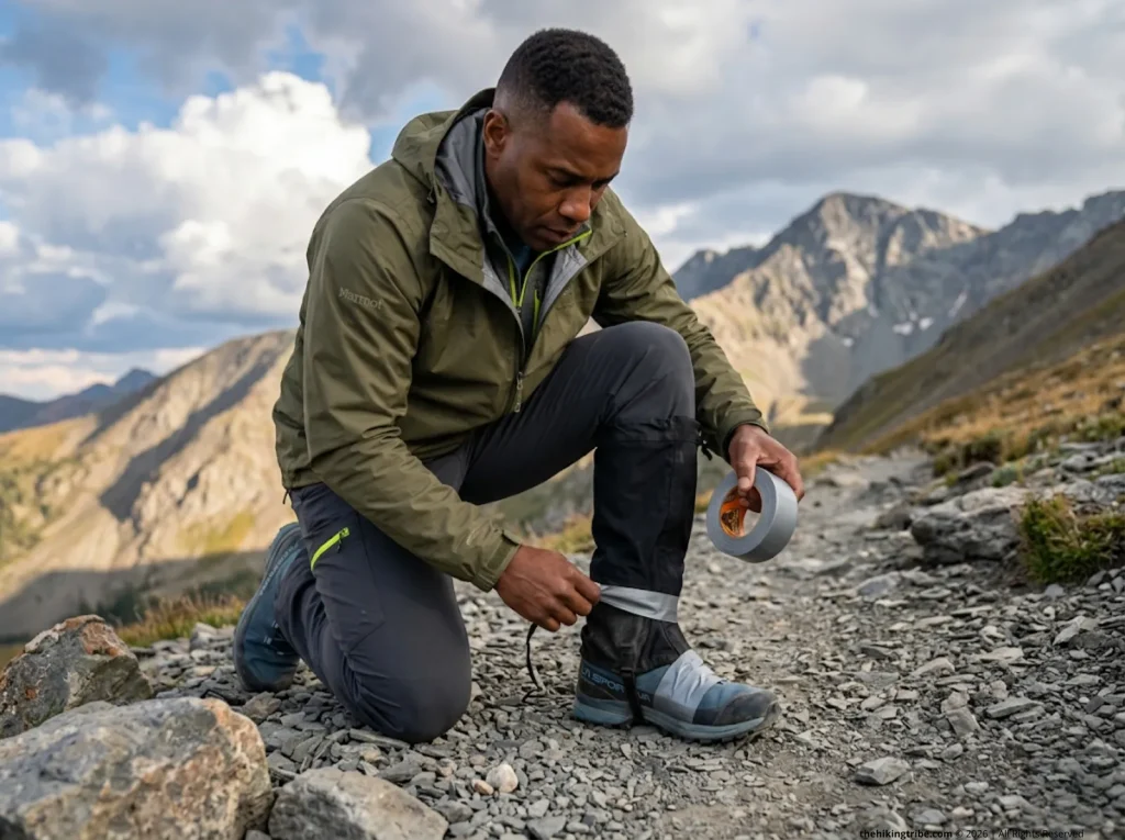 Hiker using duct tape to emergency repair broken Outdoor Research gaiter strap on Colorado alpine trail