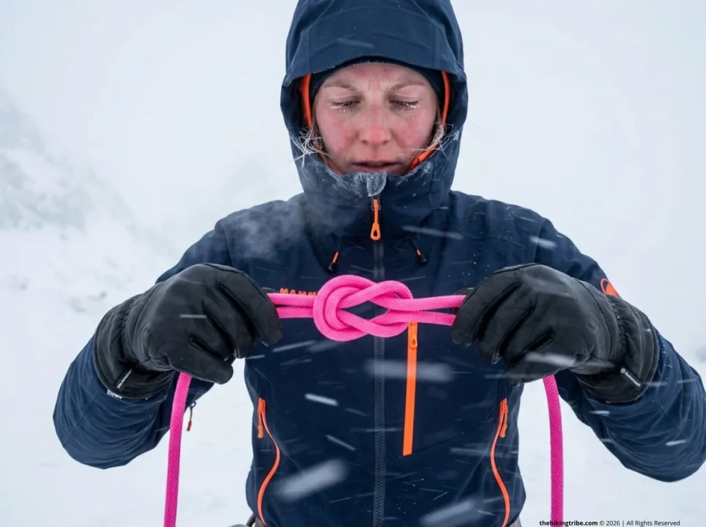 Climber tying an alpine butterfly knot with thick gloves during a cold winter ascent for glacier travel safety.