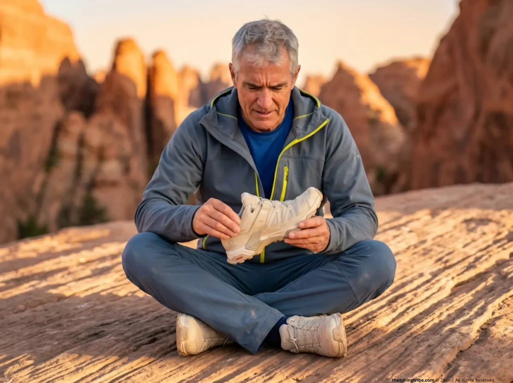 Wilderness guide inspecting the midsole flexibility of a worn Salomon hiking shoe in the desert.