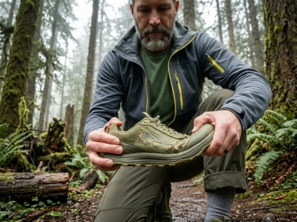 Male backpacker demonstrating the Mullins effect in worn Altra hiking shoes.
