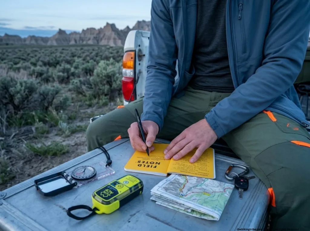 Hiker's muddy hands writing a fail-safe wilderness trip plan in a yellow Field Notes journal on a truck tailgate