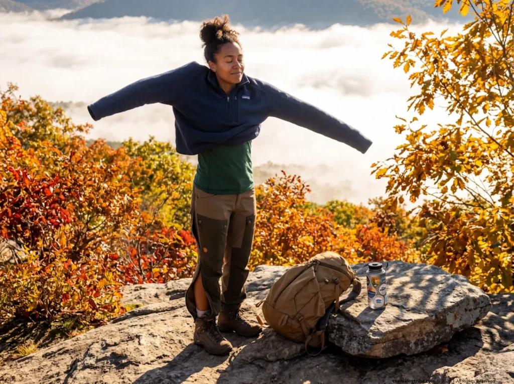 Hiker shedding layers above valley fog adjusting to massive fall temperature delta