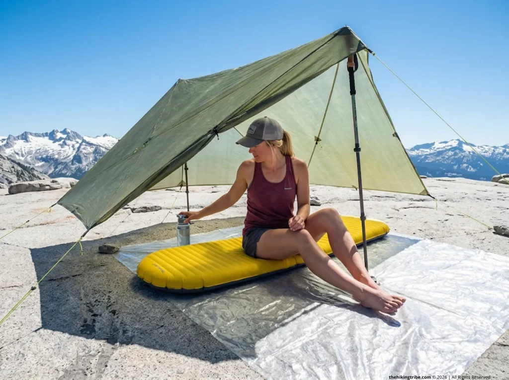 Minimalist fast-fly tent pitch showing a sleeping pad protected by a groundsheet from UV rays.