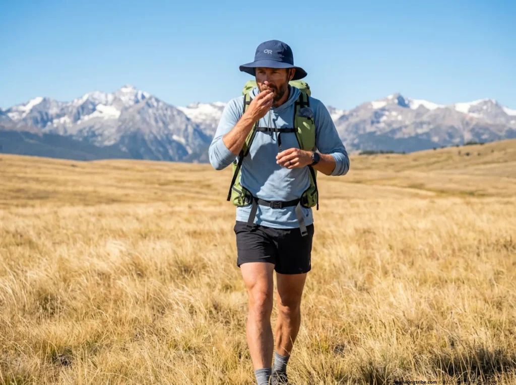 Fastpacker eating high-calorie trail food from a front vest pocket without stopping his pace.