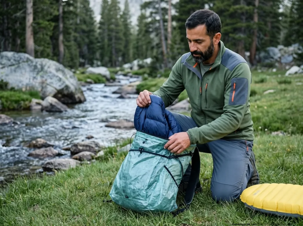 Hiker organizing ultralight fastpacking gear including a dyneema backpack and down quilt at an alpine campsite.