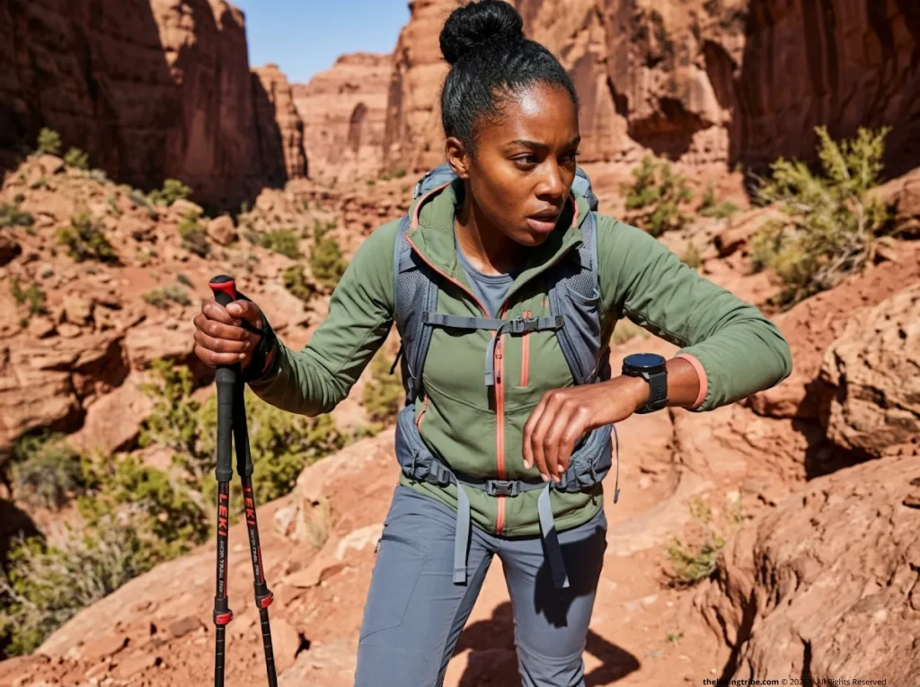 Female hiker checking pace on a GPS watch while navigating a steep desert switchback trail.