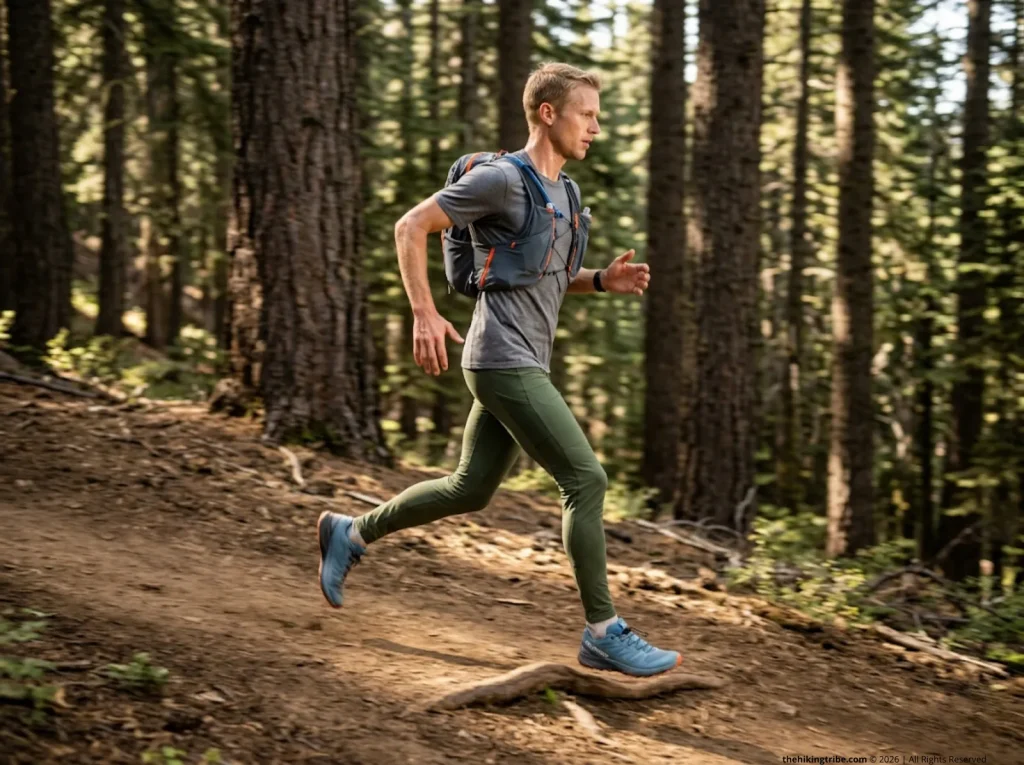 Male fastpacker jogging smoothly downhill on a forest trail showing ideal biomechanical posture with a tight vest pack.