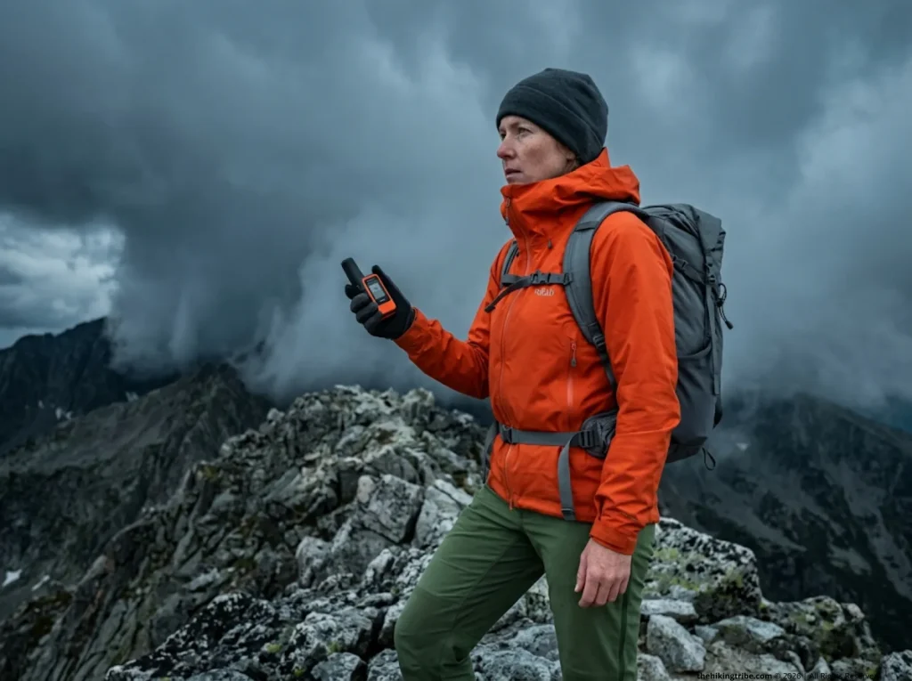 Fastpacker checking a satellite messenger device on an exposed mountain ridge with an incoming storm.