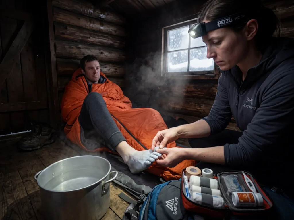 Wilderness first responder assessing frozen foot in emergency cabin