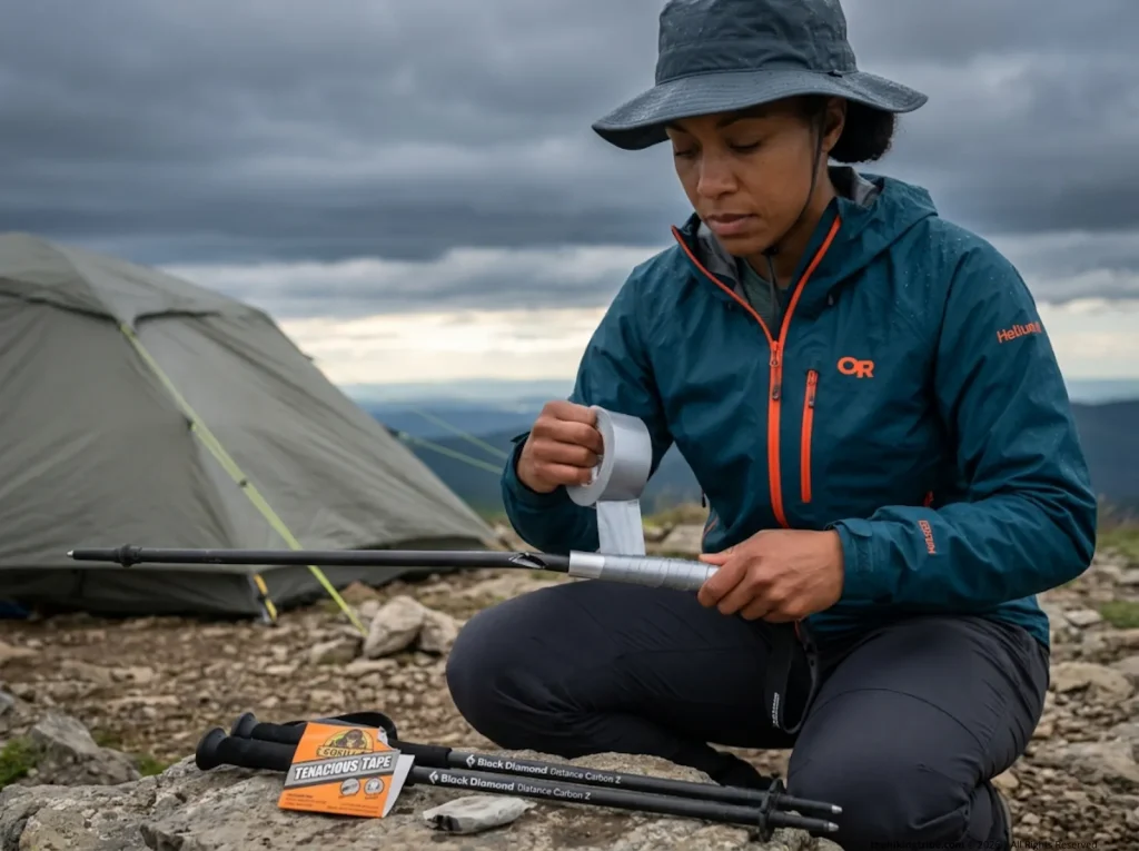 Hiker wrapping duct tape around pole splint on shattered Black Diamond carbon trekking pole 
