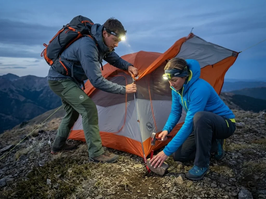 Two hikers field testing tent setup on windy ridge at dusk 