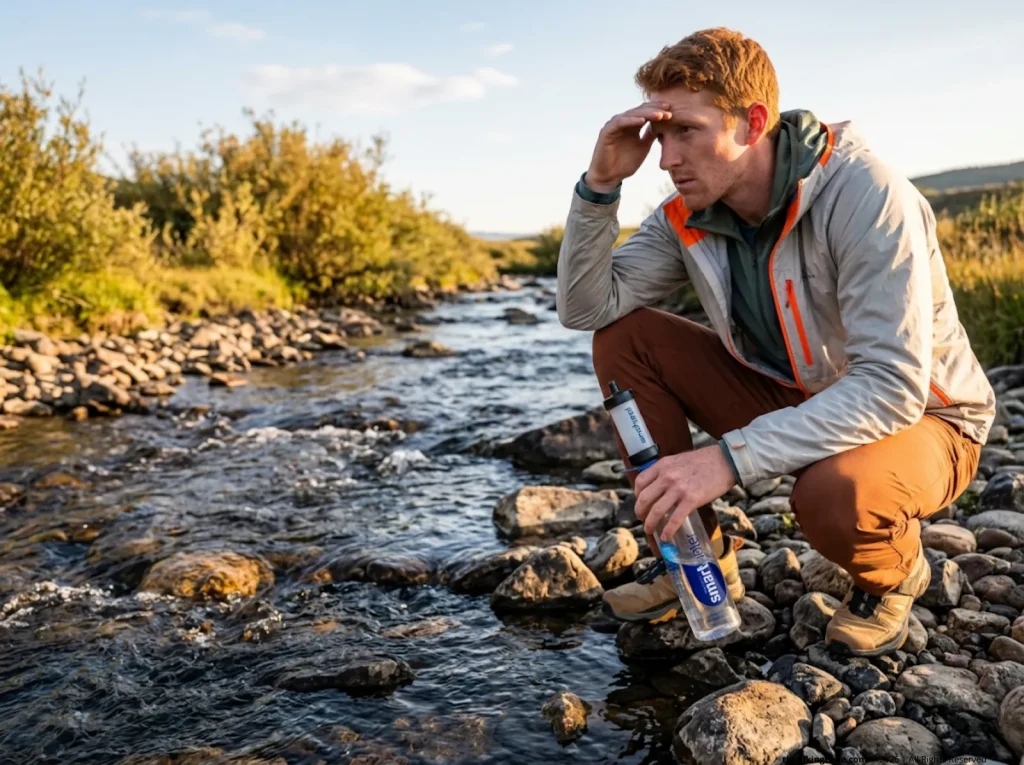 Hiker scanning upstream before filling water bottle — field assessment water risk cues on the trail