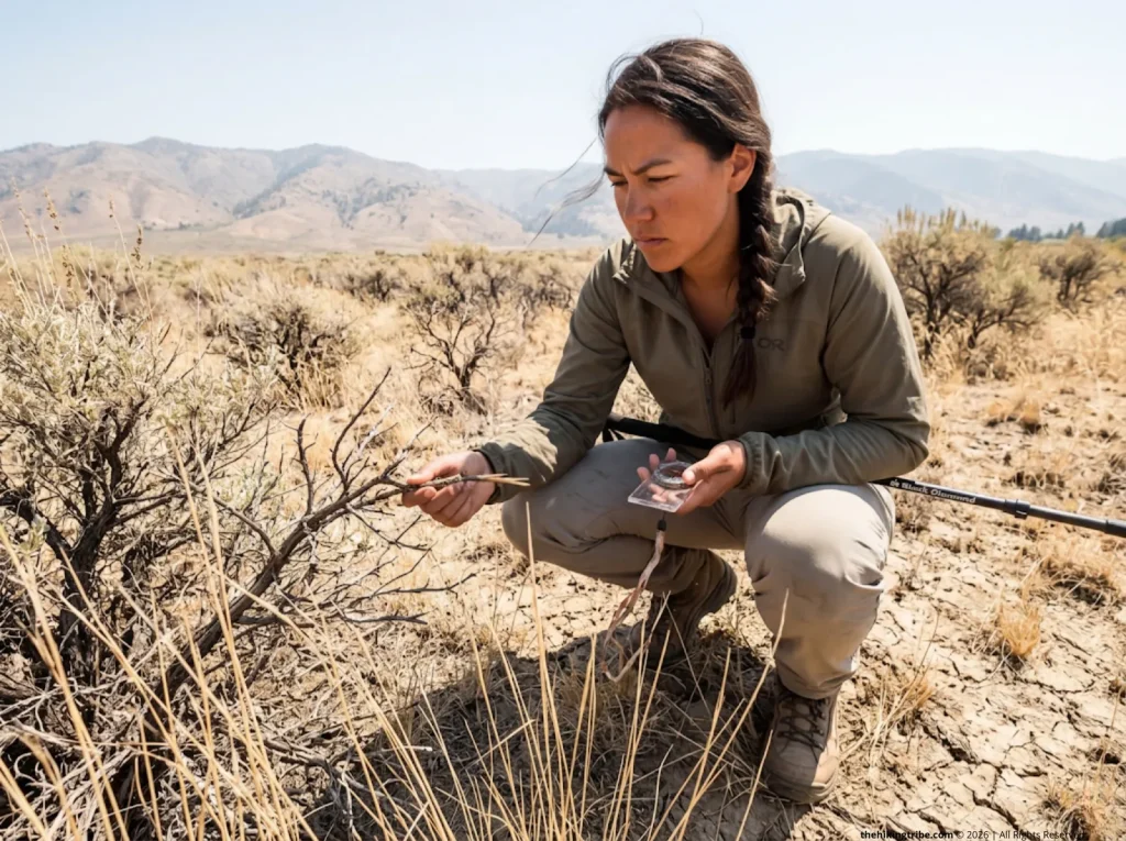 Backcountry ranger analyzing dry brush for fire danger ratings and campfire regulations by region.