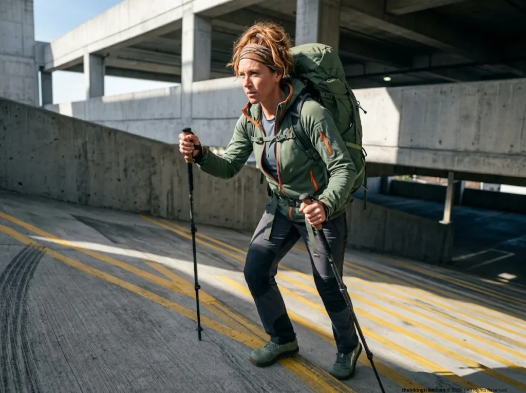 Female hiker training with loaded Osprey backpack on urban parking garage ramp