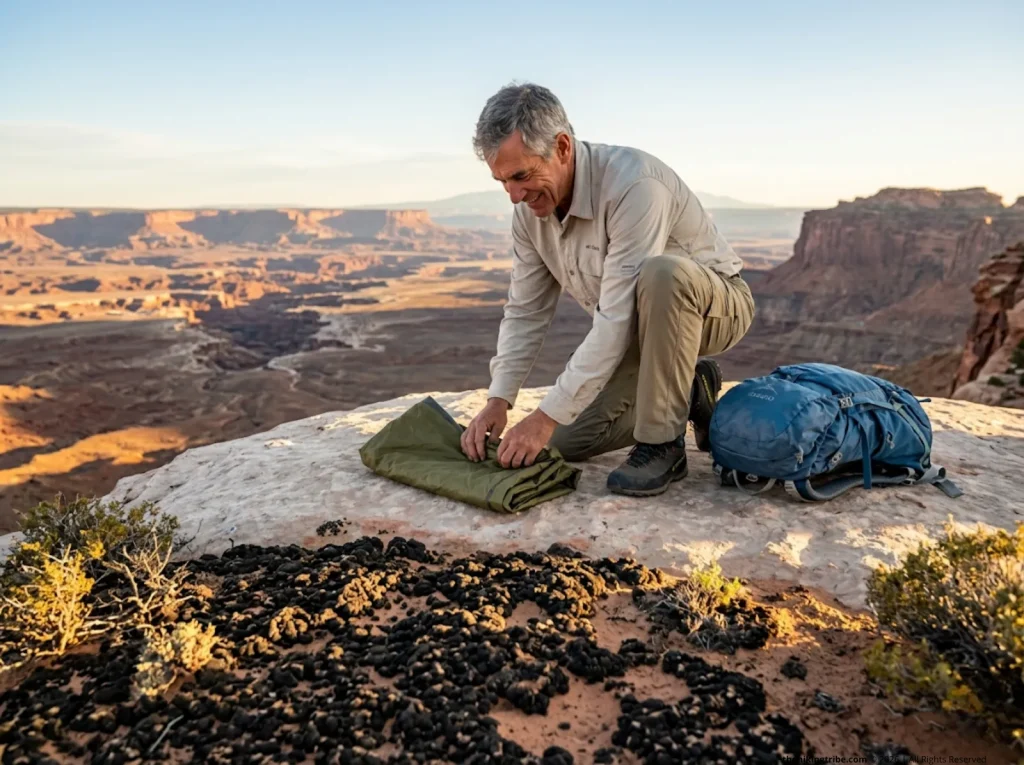 Hiker folding a tent footprint on solid rock to protect fragile cryptobiotic soil in the desert. 