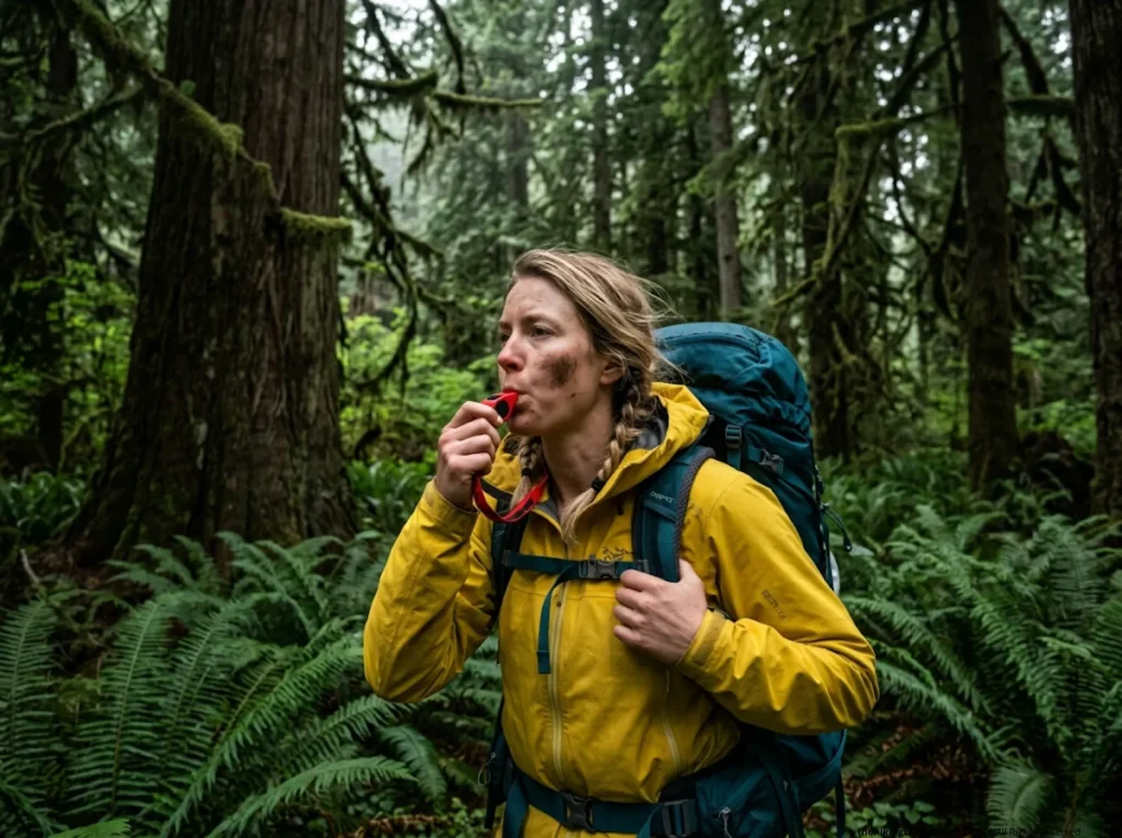 Hiker blowing an emergency whistle in a dense sound-absorbing redwood forest