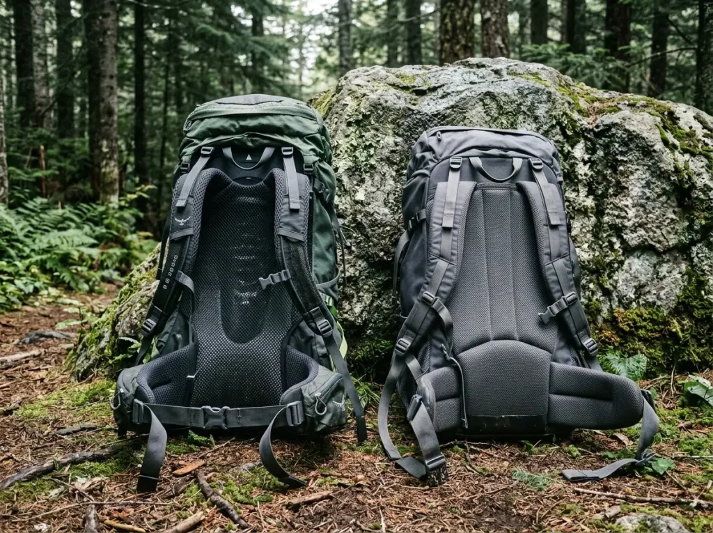 Ventilated trampoline-mesh backpack beside a contact-back pack showing two suspension designs