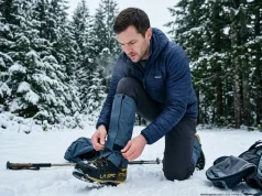 Gaiter Sizing for Boot Types Most Guides Miss Hiker adjusting Outdoor Research gaiter over La Sportiva alpine boot at snowy trailhead