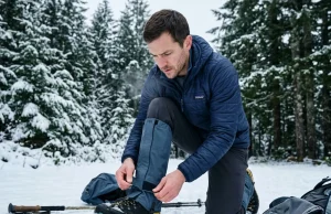 Gaiter Sizing for Boot Types Most Guides Miss Hiker adjusting Outdoor Research gaiter over La Sportiva alpine boot at snowy trailhead