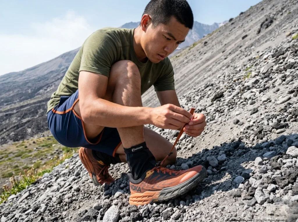 Trail runner examining broken gaiter instep strap on flat-soled Hoka Speedgoat at volcanic scree