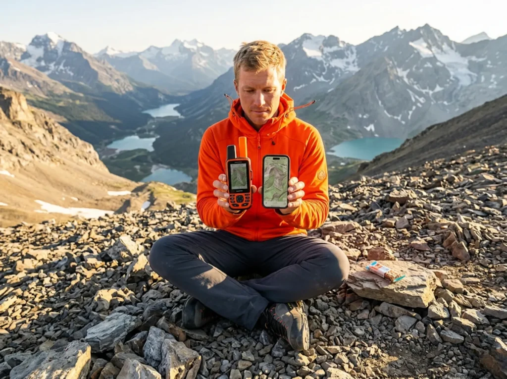 Field tester comparing a Garmin GPS unit with map apps for offline hiking on a smartphone.