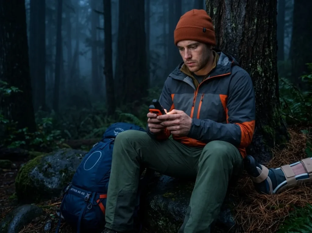 Exhausted hiker typing an SOS message on a Garmin inReach Mini 2 next to an injured partner in a dark misty forest.