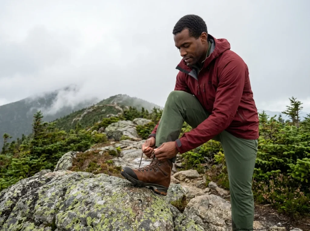 Hiker retying Zamberlan Vioz GTX gore-tex boots on rainy ridgeline — waterproof boot break-in challenge