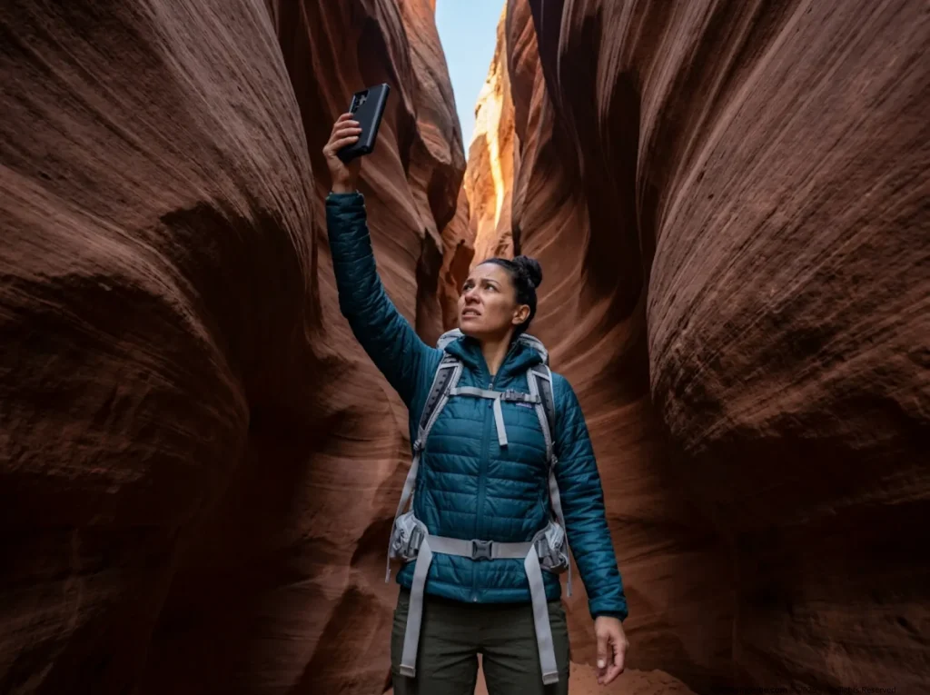 Hiker attempting to get a GPS signal in a deep slot canyon to use map apps for offline hiking.
