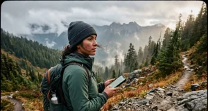 GPS vs Phone for Hiking Do You Really Need One Hiker checking a phone GPS app on a mountain trail deciding between phone and GPS unit for hiking