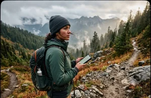 GPS vs Phone for Hiking Do You Really Need One Hiker checking a phone GPS app on a mountain trail deciding between phone and GPS unit for hiking