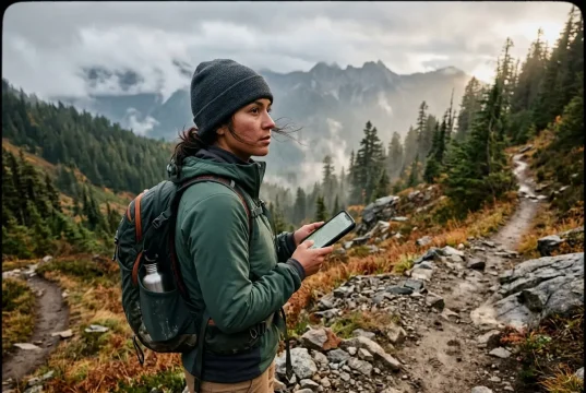 GPS vs Phone for Hiking Do You Really Need One Hiker checking a phone GPS app on a mountain trail deciding between phone and GPS unit for hiking