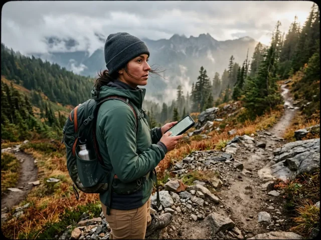 gps-vs-phone-for-hiking-trail-decision Hiker checking a phone GPS app on a mountain trail deciding between phone and GPS unit for hiking
