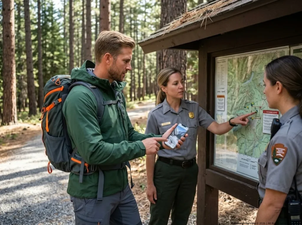 Male hiker showing Instagram geotags on smartphone to a park ranger at a wooden trailhead map kiosk