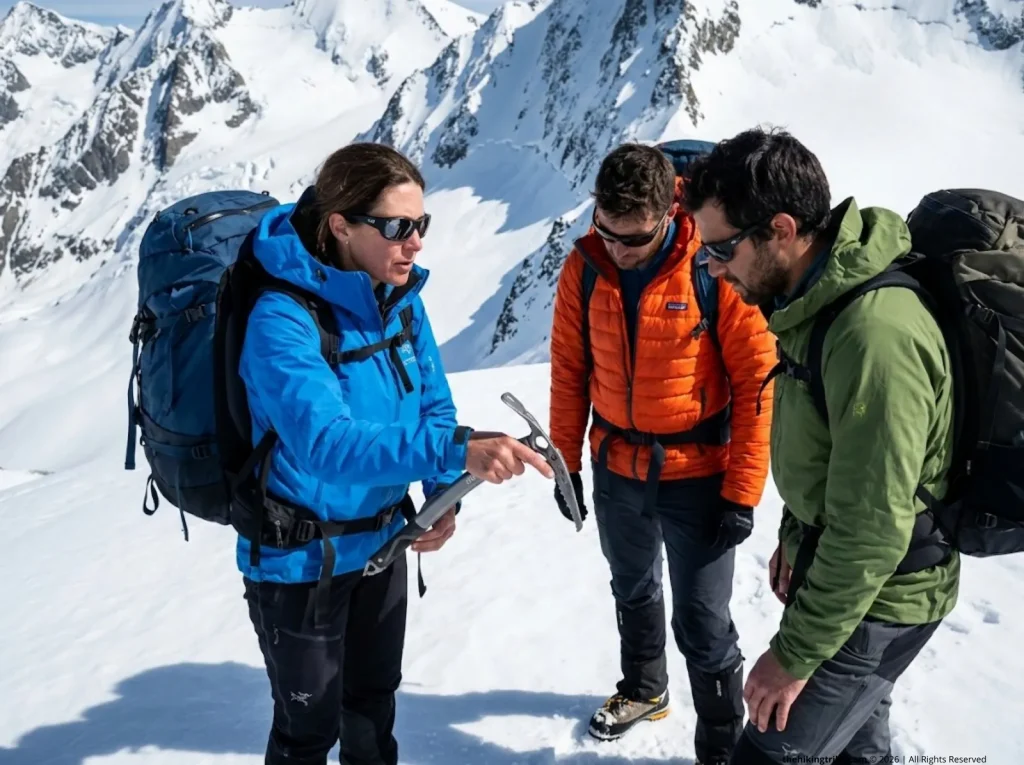 Group of hikers discussing avalanche safety routing