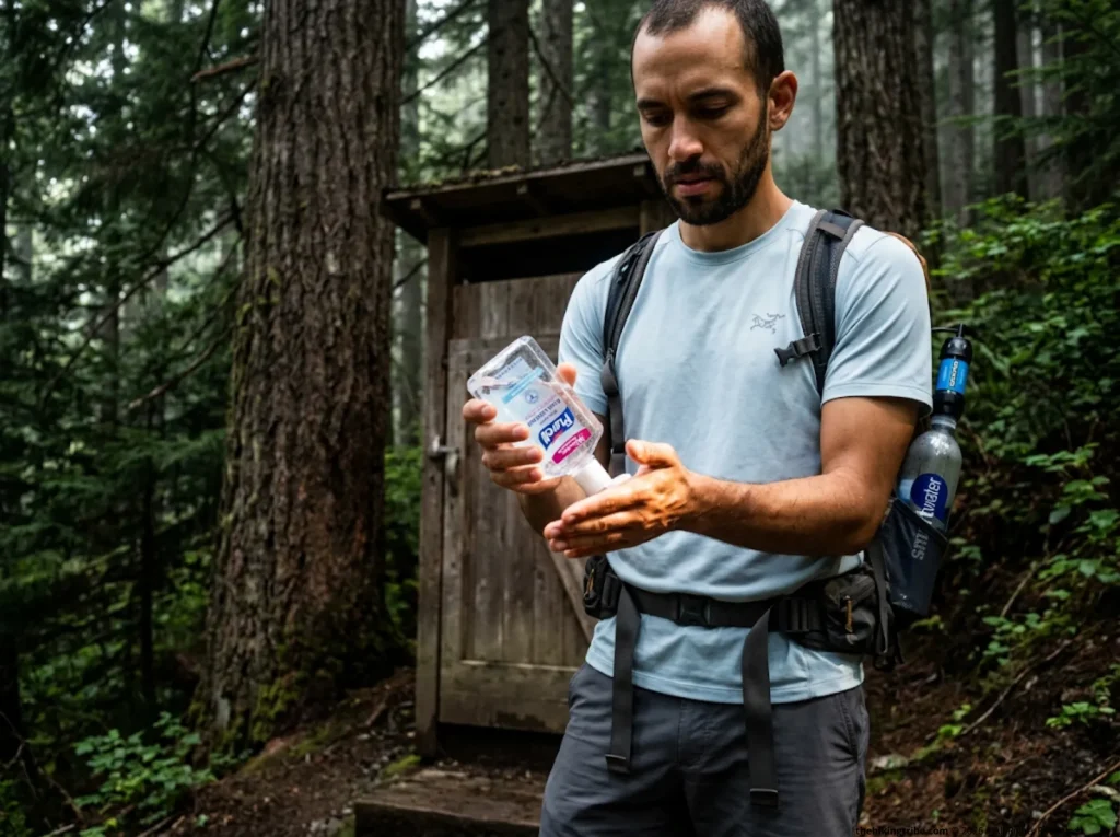 Male hiker trying to clean muddy hands with liquid hand sanitizer outside a trail privy.