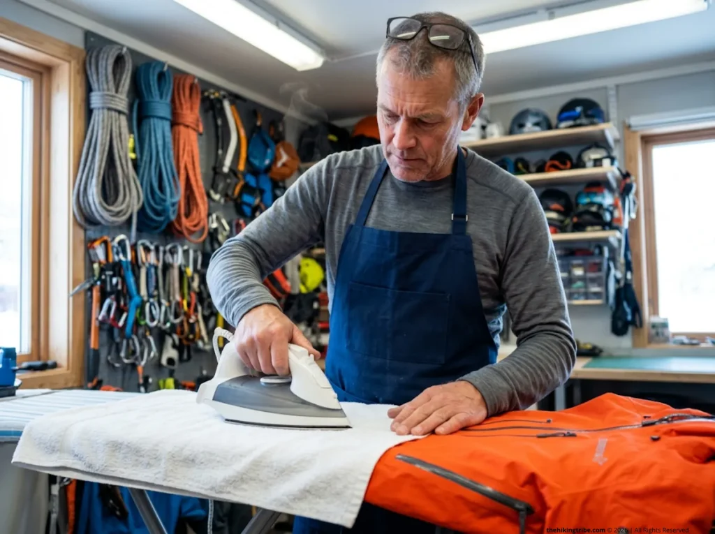 Outdoor guide ironing a towel over a Norrona Gore-Tex jacket to heat activate the DWR coating