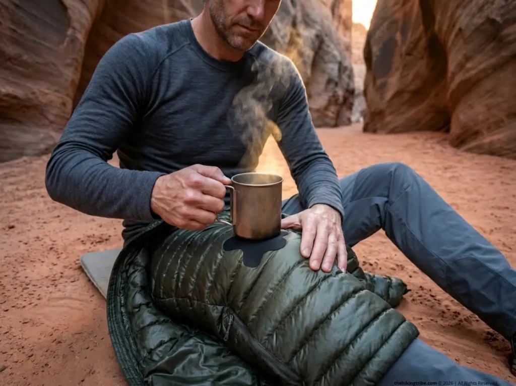 A hiker applying heat from a titanium mug to cure a NoSo patch on a green down jacket.