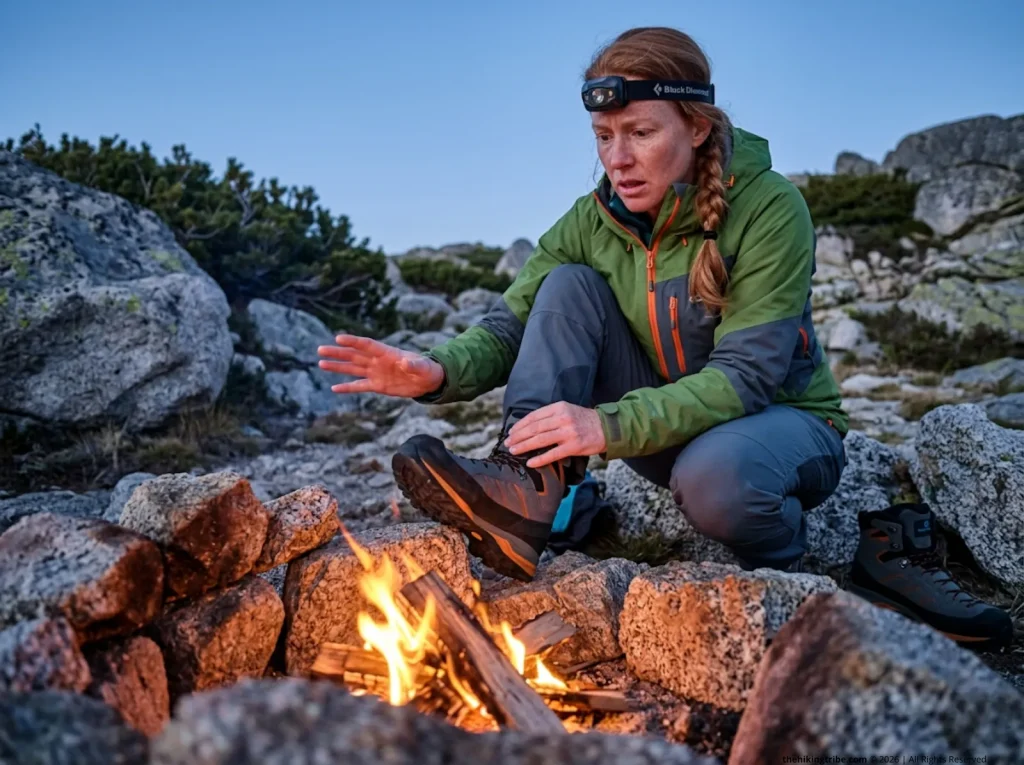 Hiker pulling Scarpa boot away from campfire heat, visible toe cap warping from excessive heat exposure