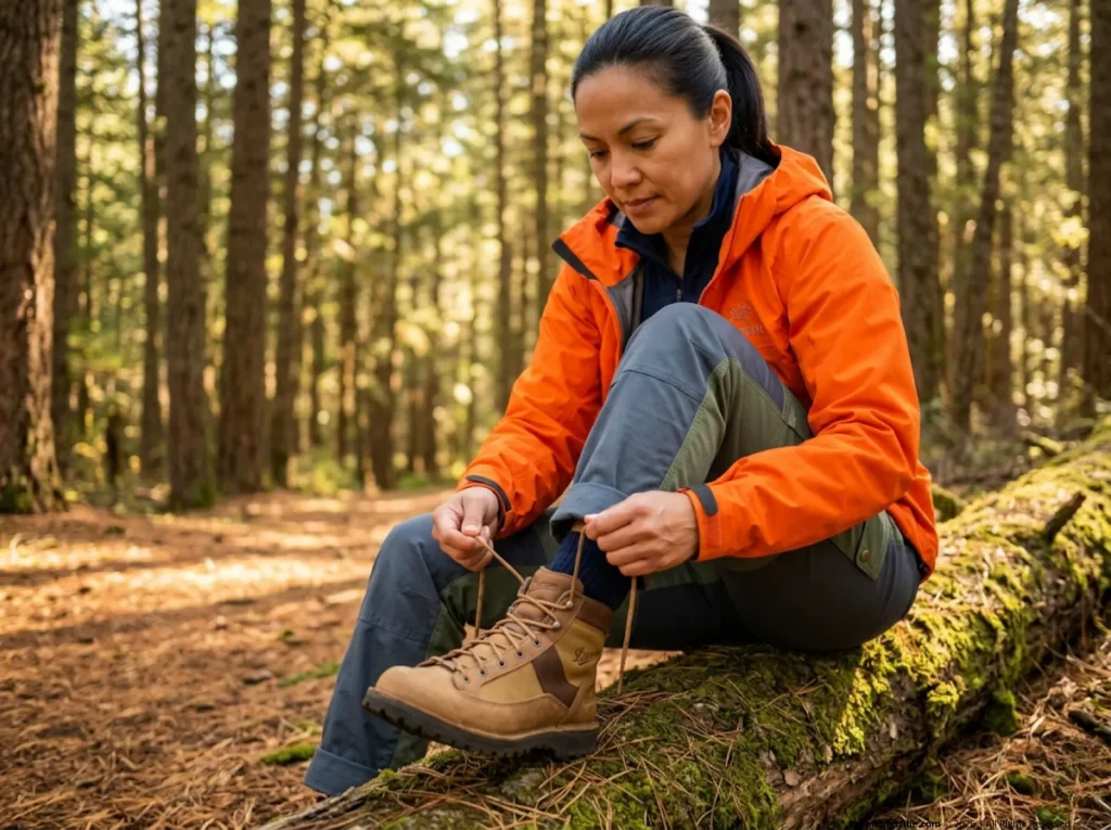 Female hiker demonstrating heel lock lacing technique on Danner leather hiking boot on forested trail