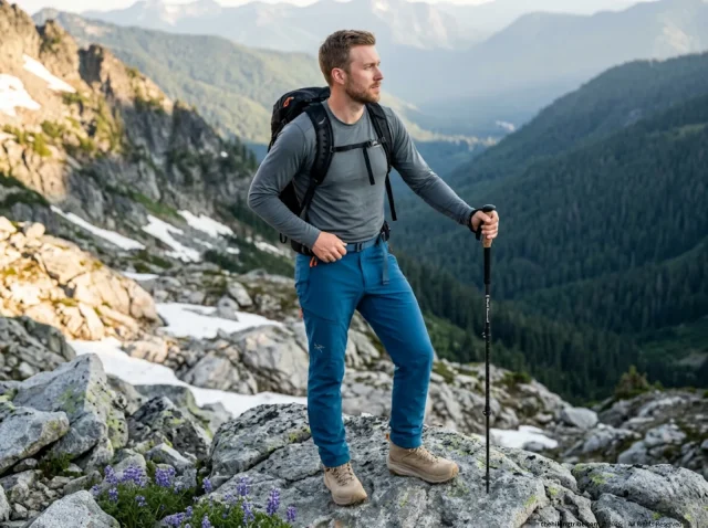 hero-choosing-hiking-pants-activity-type Male hiker wearing Arc'teryx hiking pants on a rocky alpine ridge