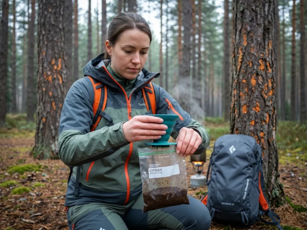 Female hiker packing out wet coffee grounds in Opsak bag at pine forest campsite