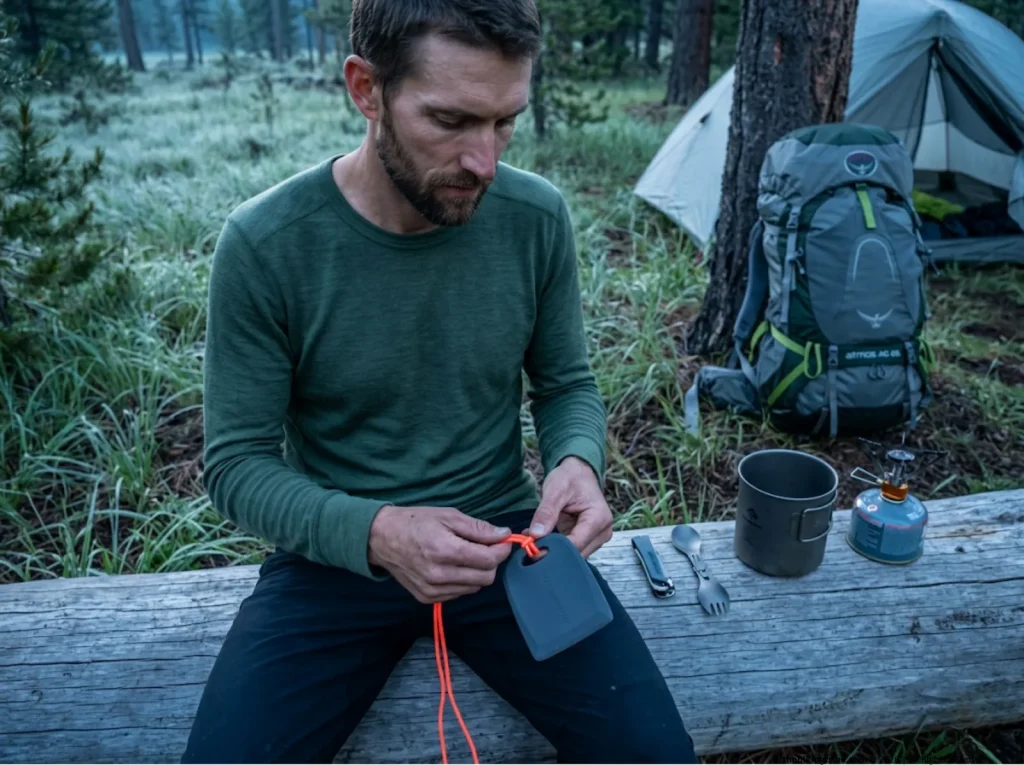 Tying a high visibility lanyard to a camping pot scraper