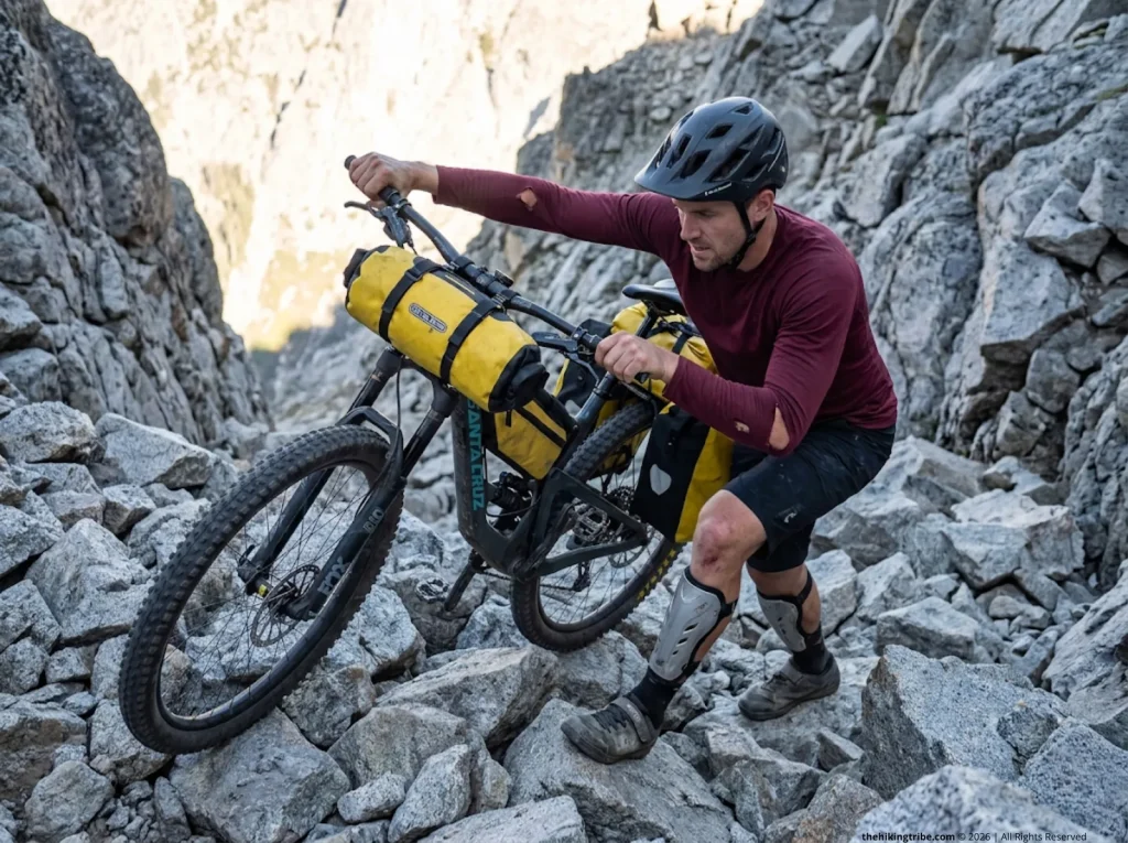 Bikepacker pushing heavy bike up vertical terrain.