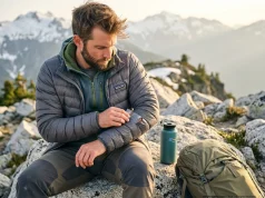 How to Patch a Down Jacket on Trail (The 5-Minute Fix) A hiker repairing a torn grey Patagonia down jacket sleeve with Tenacious Tape on an alpine ridge.