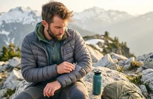 How to Patch a Down Jacket on Trail (The 5-Minute Fix) A hiker repairing a torn grey Patagonia down jacket sleeve with Tenacious Tape on an alpine ridge.