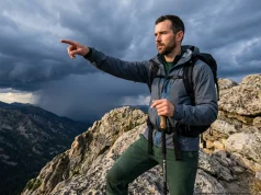 How to Read Weather Signs on the Trail (No Apps Needed) Hiker in Patagonia jacket on rocky ridge pointing at incoming storm clouds to read weather signs without apps